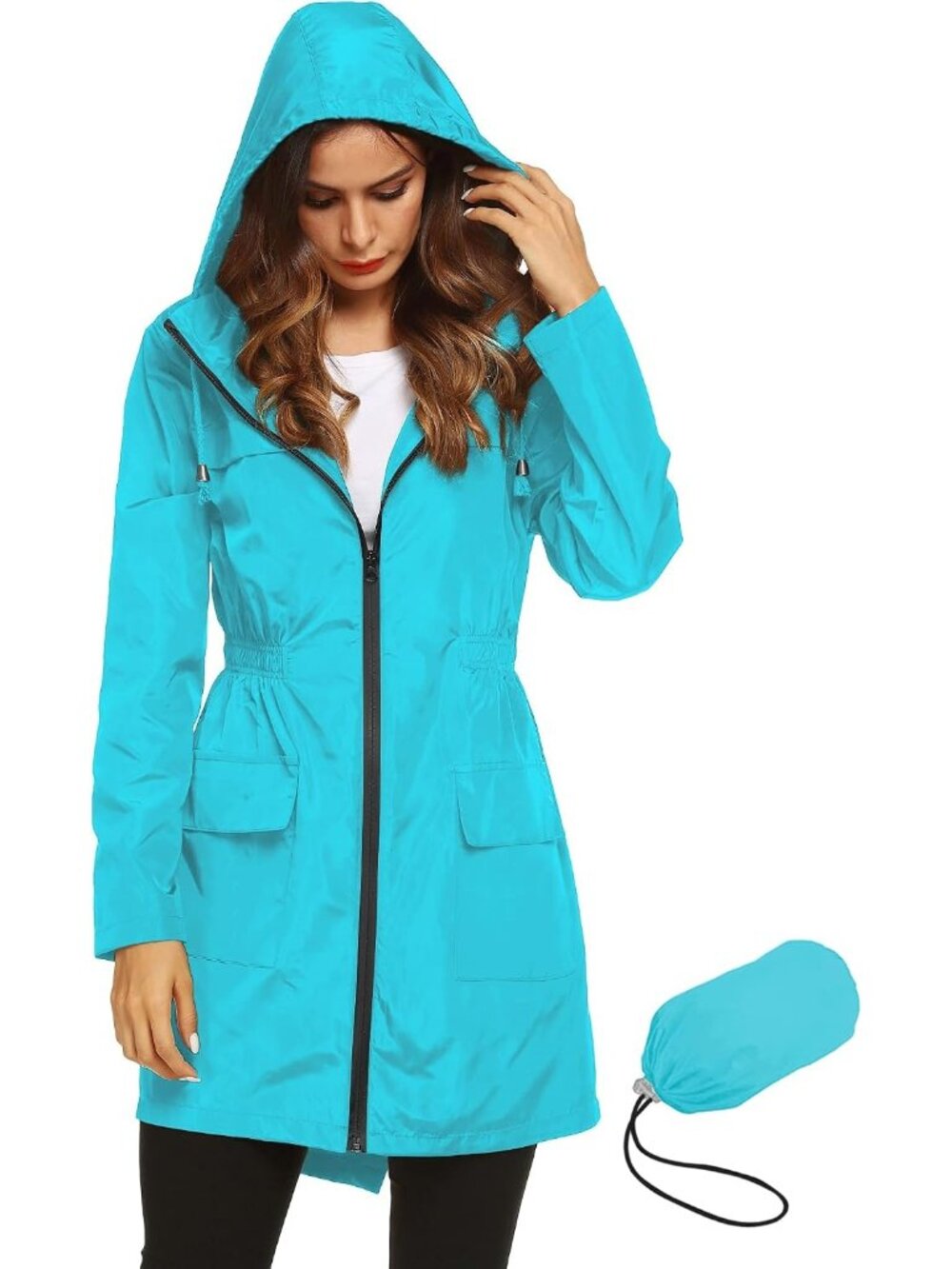 Women Ice Blue Solid Packable Hooded Active Lightweight Waterproof Trench Coat